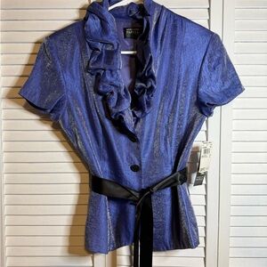 Adrianna Papell Shimmering Blue Ruffled Blouse